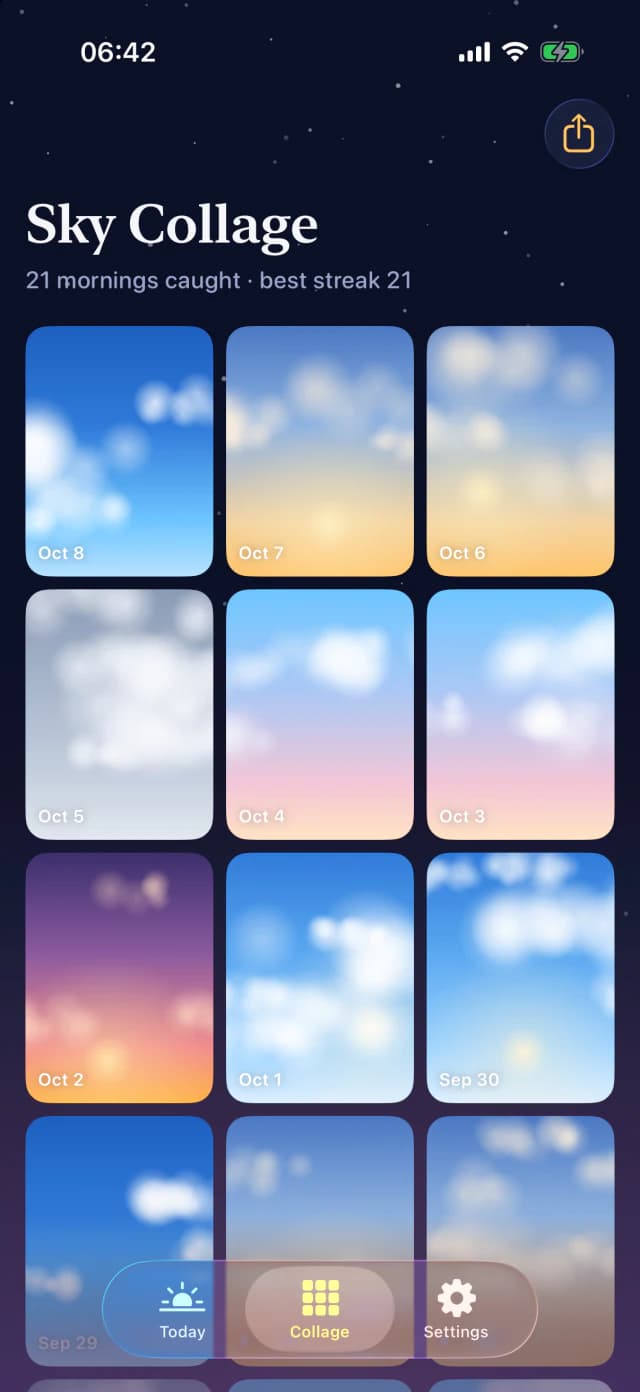 Sky Collage: a grid of morning skies, one tile per day