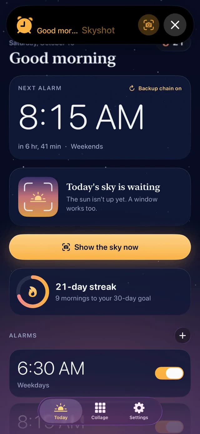 The alarm ringing over Skyshot's home screen with the Show the sky now button